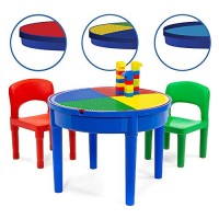 3 in 1 Water Table Blue and Green Play Platoon Kids Activity Table Set Includes 2 Chairs and 25 Jumbo Bricks Craft Table and Building Brick Table with Storage