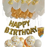 Happy Birthday Decorations Gold White Party Set 1 Banner 20 Balloons 15 Chrome 10 Confetti Silver Ribbon Air Hand Pump Inflator Balloon Glue Golden Bag Educational Toys Planet